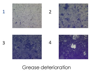 著細鐵和磁性磨損顆粒的增加,回轉軸承的惡化,第四張圖像顯示潤滑脂完全干燥
